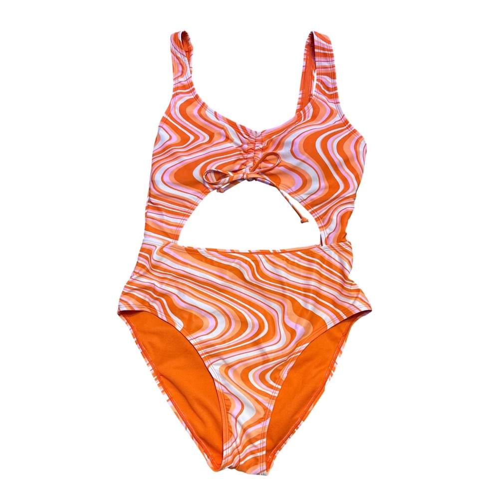NEW No Boundaries Retro Swirl Cutout One Piece Swimsuit Orange M 7-9